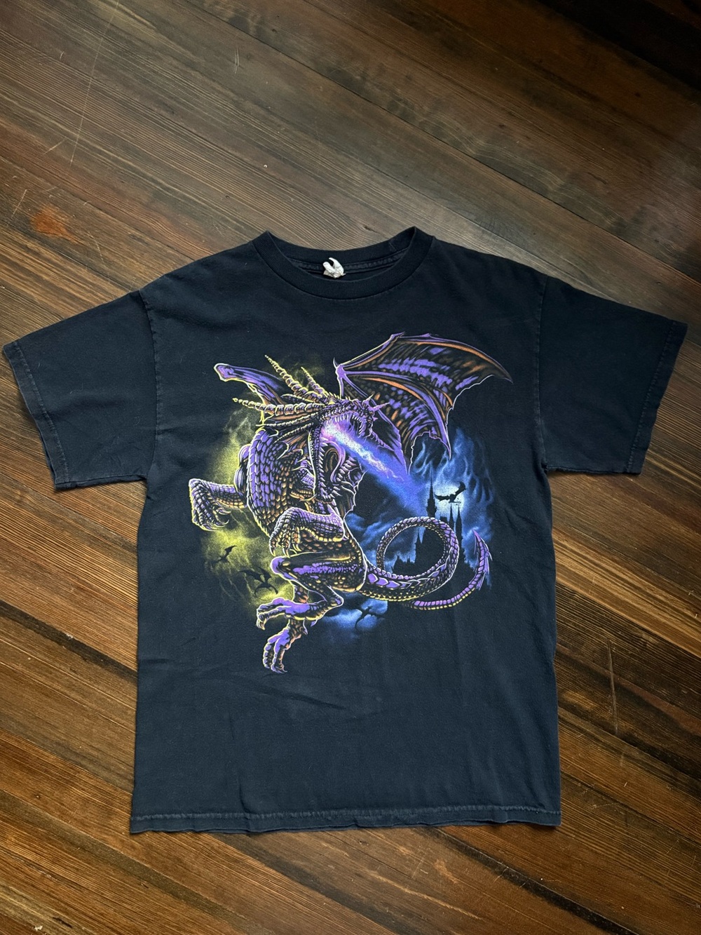 Alstyle Black T-Shirt with Purple and Yellow Dragon Graphic